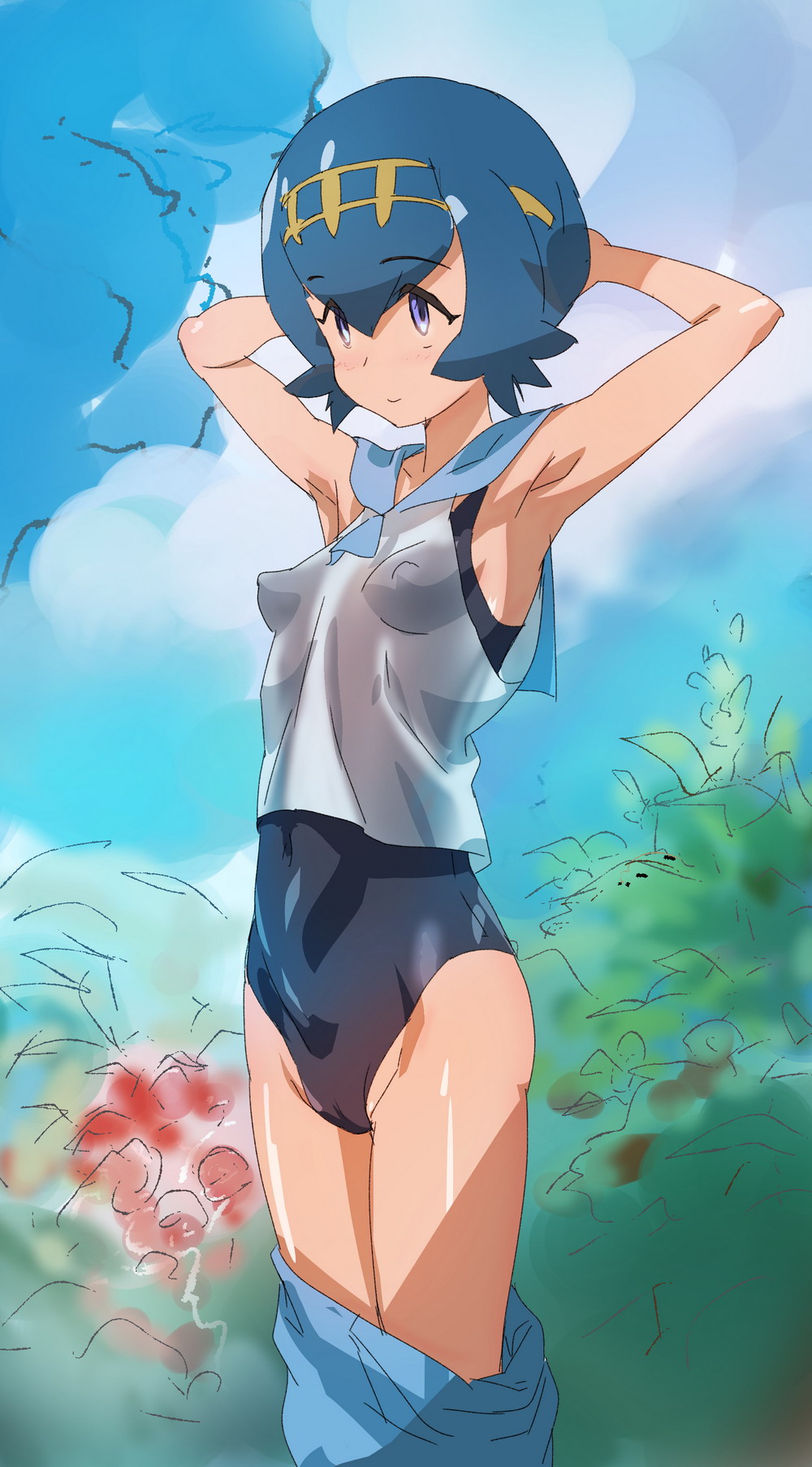 armpits arms_behind_head arms_up blue_eyes blue_hair blue_pants blue_sailor_collar blue_swimsuit blush breasts bush cameltoe commentary covered_navel day eyebrows_visible_through_hair hairband highres jpeg_artifacts looking_at_viewer one-piece_swimsuit ontaros outdoors pants pants_pull pokemon pokemon_(game) pokemon_sm sailor_collar see-through shiny shiny_skin shirt short_hair sleeveless sleeveless_shirt small_breasts smile solo standing suiren_(pokemon) swimsuit swimsuit_under_clothes wet wet_clothes white_shirt yellow_hairband