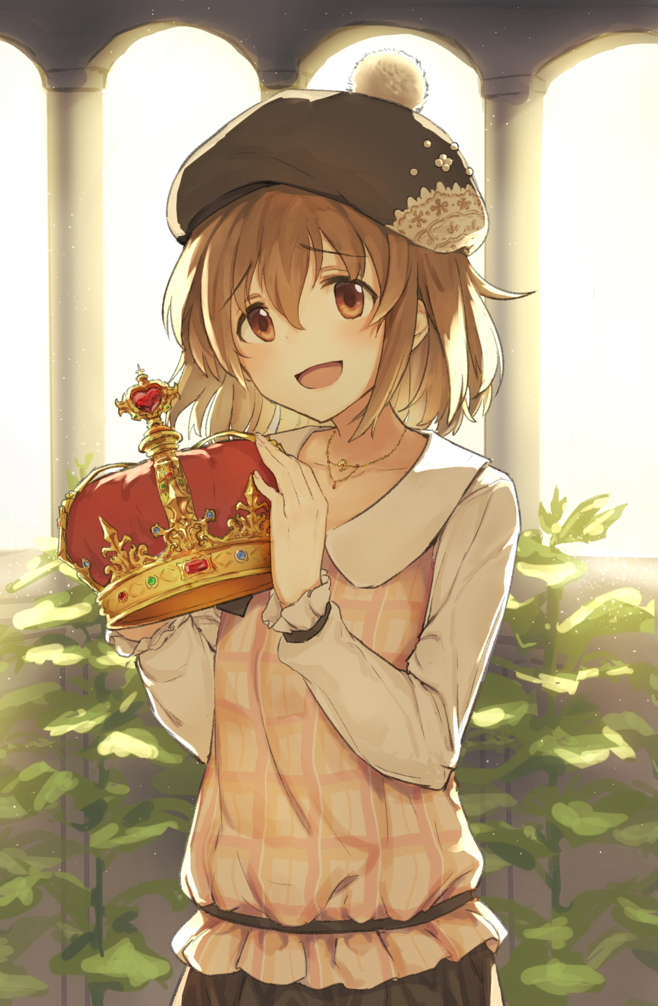 backlighting beret bionekojita blouse brown_eyes brown_hair collarbone column commentary_request crown eyebrows_visible_through_hair gem hat heart highres holding_crown idolmaster idolmaster_cinderella_girls jewelry kita_hinako light_blush long_sleeves looking_at_viewer necklace open_mouth pillar plant pom_pom_(clothes) short_hair smile solo