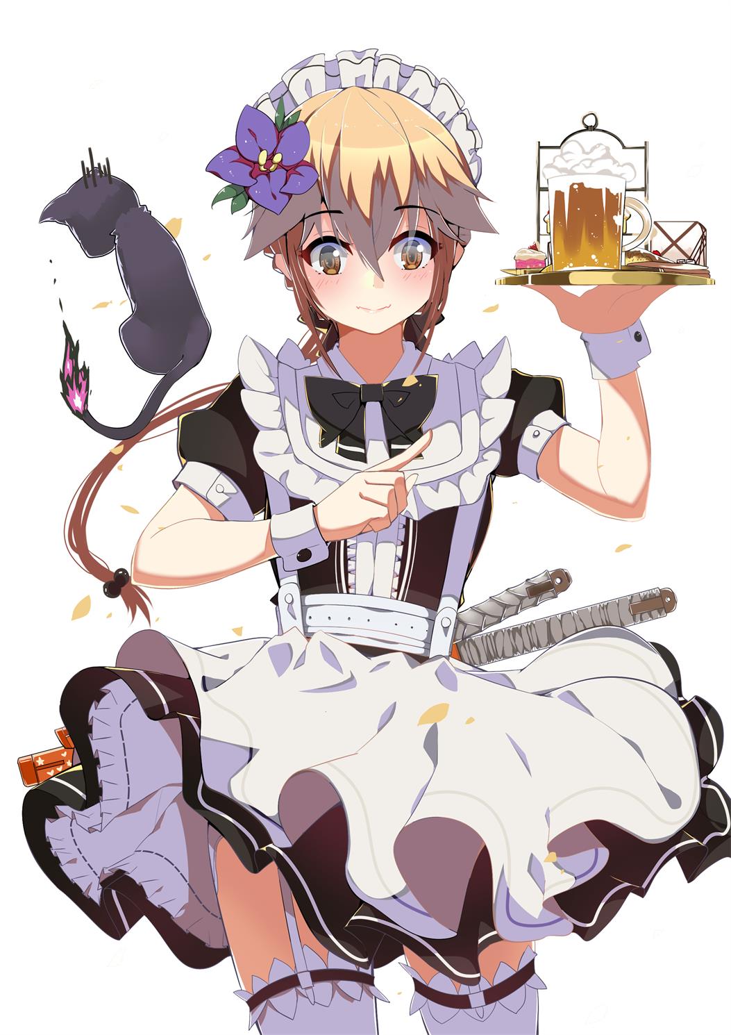 alcohol androgynous apron arm_up bangs beer beer_mug black_bow black_cat black_dress black_neckwear black_ribbon blush bow bowtie brown_eyes brown_hair cake cat character_request closed_mouth commentary_request cowboy_shot cupcake dress eyebrows_visible_through_hair fang floating_hair flower foam food garter_straps garters hair_between_eyes hair_bobbles hair_flower hair_ornament hair_ribbon hand_up heart highres holding holding_tray index_finger_raised long_hair looking_down lucky_(1045044604) maid maid_headdress ponytail purple_flower ribbon short_sleeves simple_background smile standing star thighhighs tray white_apron white_background white_legwear wrist_cuffs