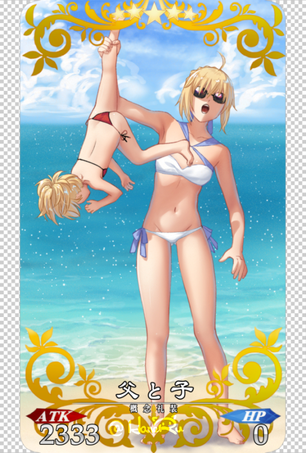 ahoge artoria_pendragon_(all) artoria_pendragon_(swimsuit_archer) barefoot beach bikini blonde_hair breasts card_(medium) card_parody child cloud cloudy_sky commentary_request day fate/grand_order fate_(series) full_body hair_ribbon haneru lifting lifting_person midriff mordred_(fate)_(all) mordred_(swimsuit_rider)_(fate) mother_and_daughter multiple_girls navel ocean open_mouth parody red_bikini ribbon saber sand sky small_breasts star sunglasses swimsuit twitter_username upside-down white_bikini younger