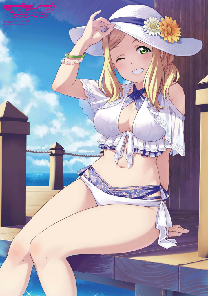 arm_behind_back arm_support bead_bracelet beads bikini blonde_hair blue_sky blush bracelet breasts cleavage criss-cross_halter day deck floral_print flower front-tie_top green_eyes grin halterneck hat hat_flower jewelry layered_bikini layered_swimsuit long_hair looking_at_viewer love_live! love_live!_sunshine!! murota_yuuhei nail_polish navel official_art ohara_mari one_eye_closed outdoors sitting sky smile solo sun_hat swimsuit water