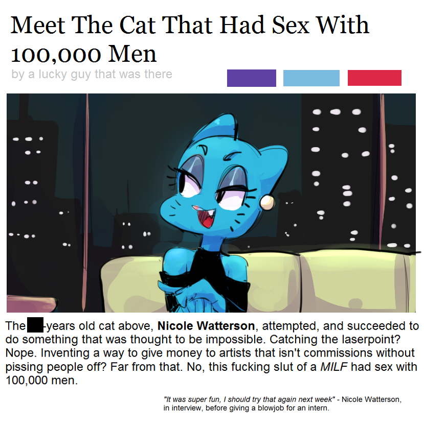 2018 anthro bedroom_eyes cartoon_network cat clothing dbaru dress ear_piercing english_text fake_news feline female half-closed_eyes hi_res interview looking_aside mammal mature_female nicole_watterson open_mouth parody piercing seductive smile solo text the_amazing_world_of_gumball whiskers