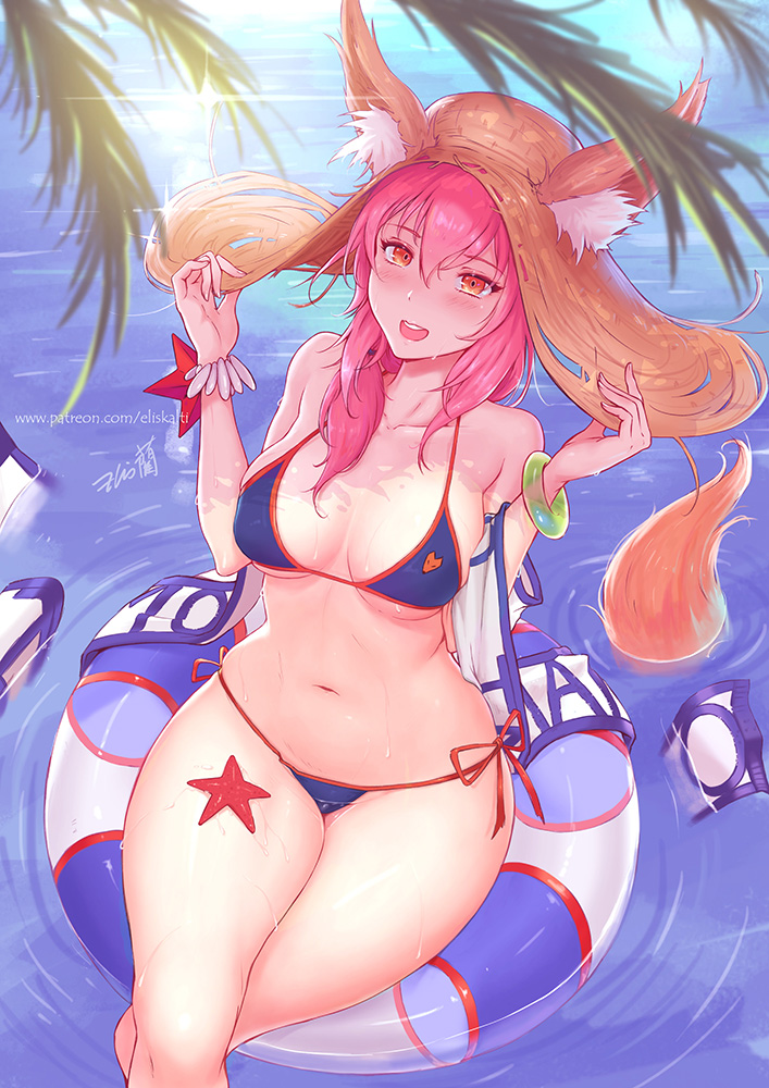 2017 5_fingers :d animal_humanoid big_breasts bikini bikini_bottom bikini_top blush bracelet breast_squish breasts brown_fur canine canine_humanoid caster_(fate/extra) clothed clothing day eliskalti_(artist) female fingers fox_humanoid fur hair hat humanoid inner_tube jewelry long_hair looking_at_viewer mammal marine navel open_mouth outside palm_tree pink_hair red_eyes side-tie_bikini simple_background sitting smile starfish straw_hat swimsuit teeth thick_thighs tongue tree voluptuous water wet white_fur wide_hips