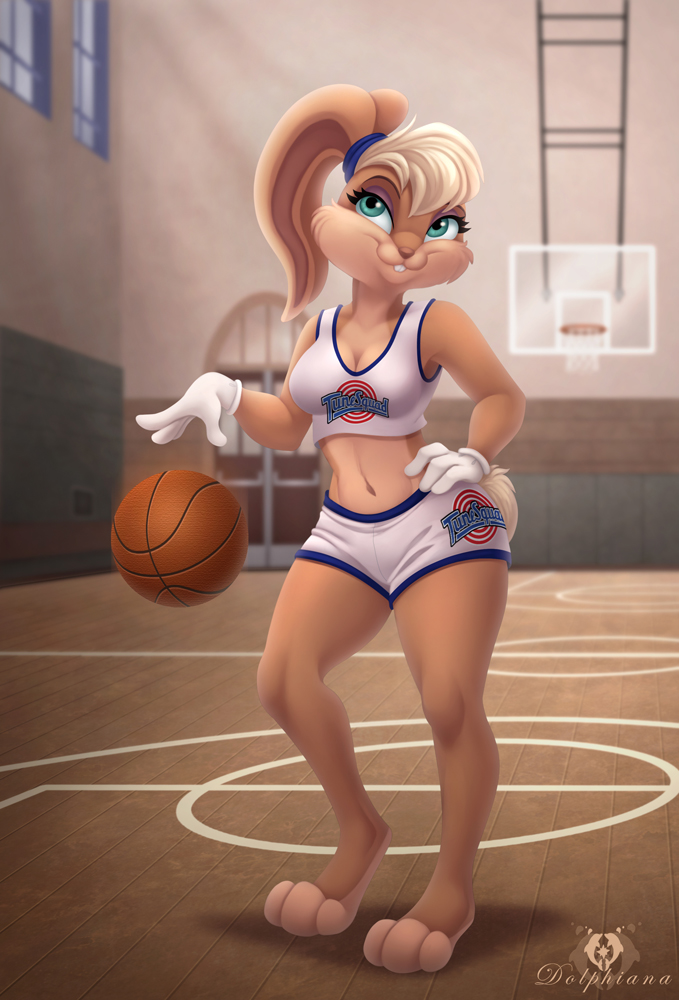 3_toes ball basketball blonde_hair blue_eyes breasts buckteeth cleavage clothed clothing dolphydolphiana female gloves hair hand_on_hip lagomorph lola_bunny looney_tunes mammal rabbit signature smile solo space_jam teeth toes warner_brothers