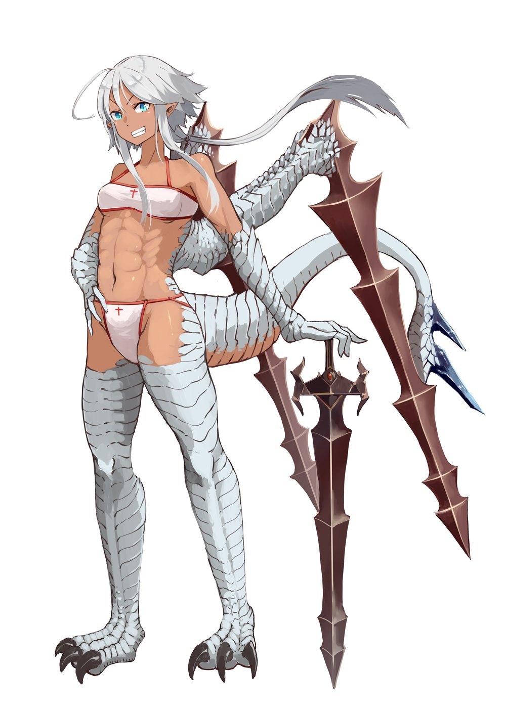 airu_zweihander bangs bare_shoulders beltbra blue_eyes bra breasts claws commentary_request dragon_girl dragon_tail floating_hair full_body grey_hair grin highres hitokuirou long_hair looking_at_viewer original panties pointy_ears simple_background small_breasts smile solo standing tail underwear white_background white_bra white_panties wings