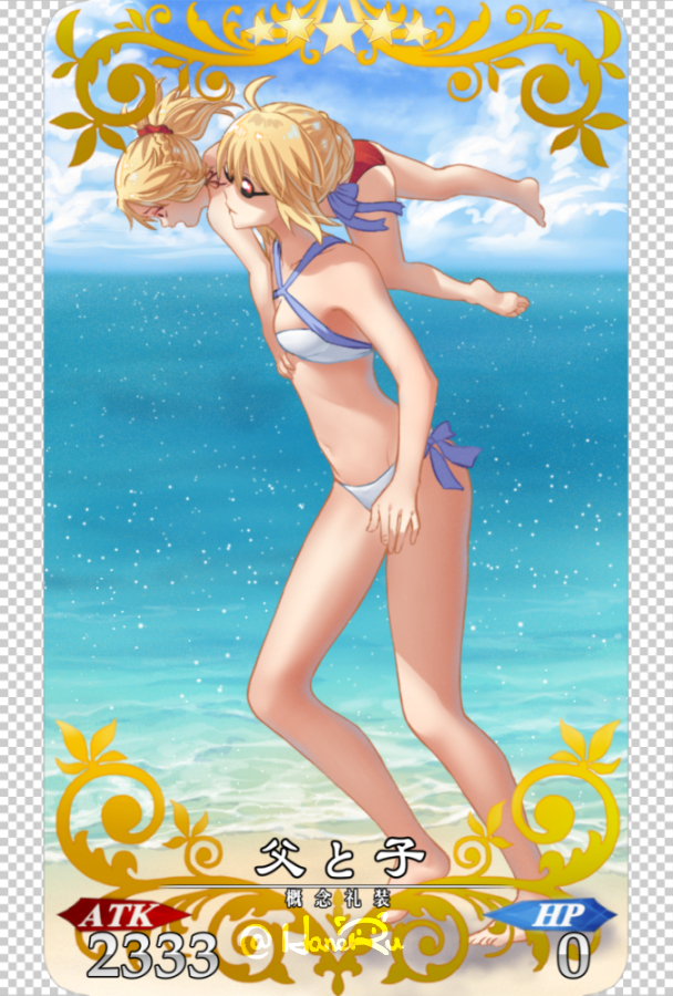 ahoge artoria_pendragon_(all) artoria_pendragon_(swimsuit_archer) barefoot beach bikini blonde_hair breasts card_(medium) card_parody carrying_over_shoulder child cloud cloudy_sky day fate/grand_order fate_(series) full_body hair_ribbon haneru lifting lifting_person mordred_(fate)_(all) mordred_(swimsuit_rider)_(fate) mother_and_daughter multiple_girls ocean open_mouth parody red_bikini ribbon sand sky small_breasts star sunglasses swimsuit twitter_username white_bikini younger