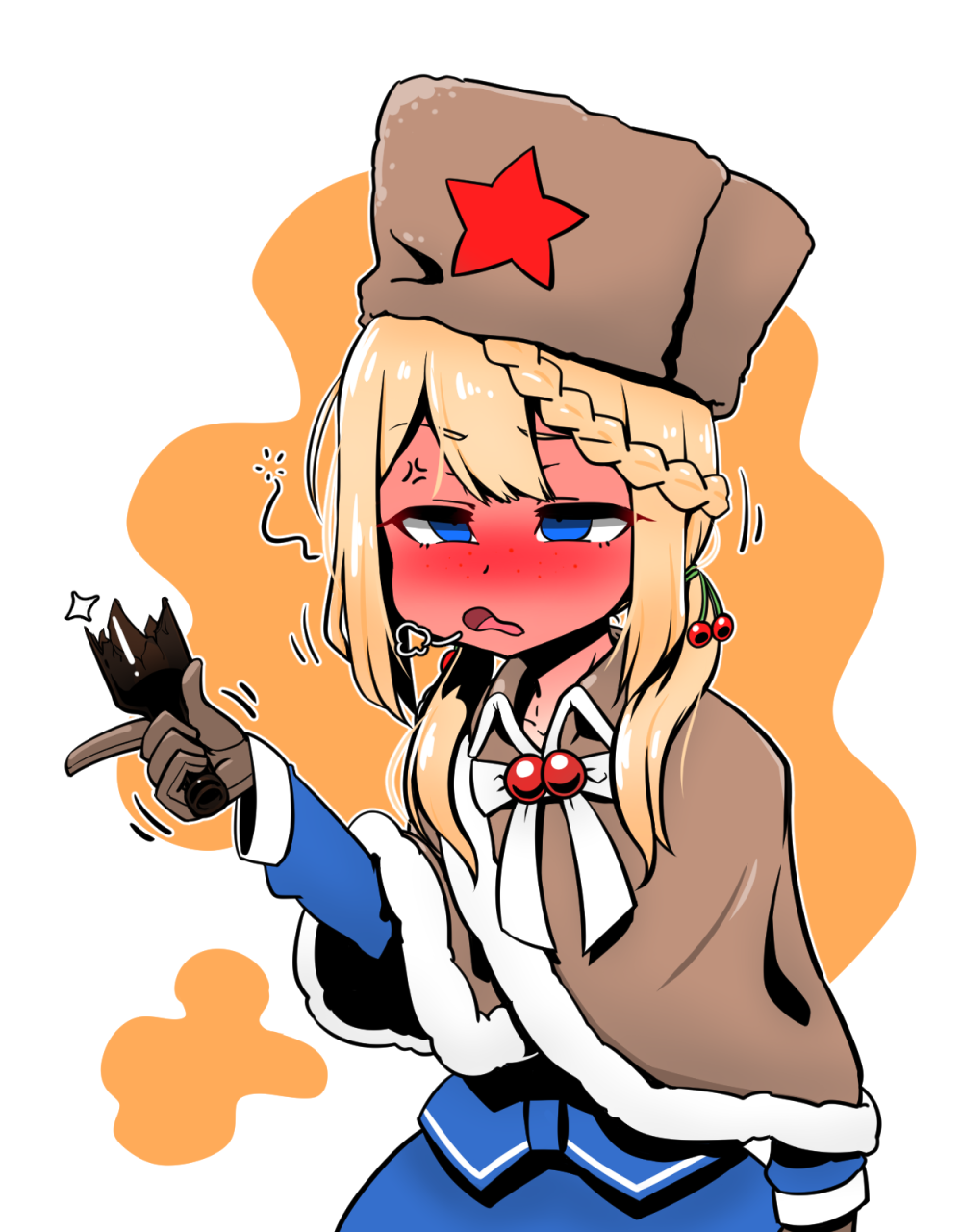 blonde_hair blue_eyes blush broken_bottle capelet commentary drowsy drunk full-face_blush fur_hat girls_frontline gloves hair_ornament hat highres holding long_hair low_twintails open_mouth ppsh-41_(girls_frontline) red_star simple_background solo twintails ushanka voodoowood