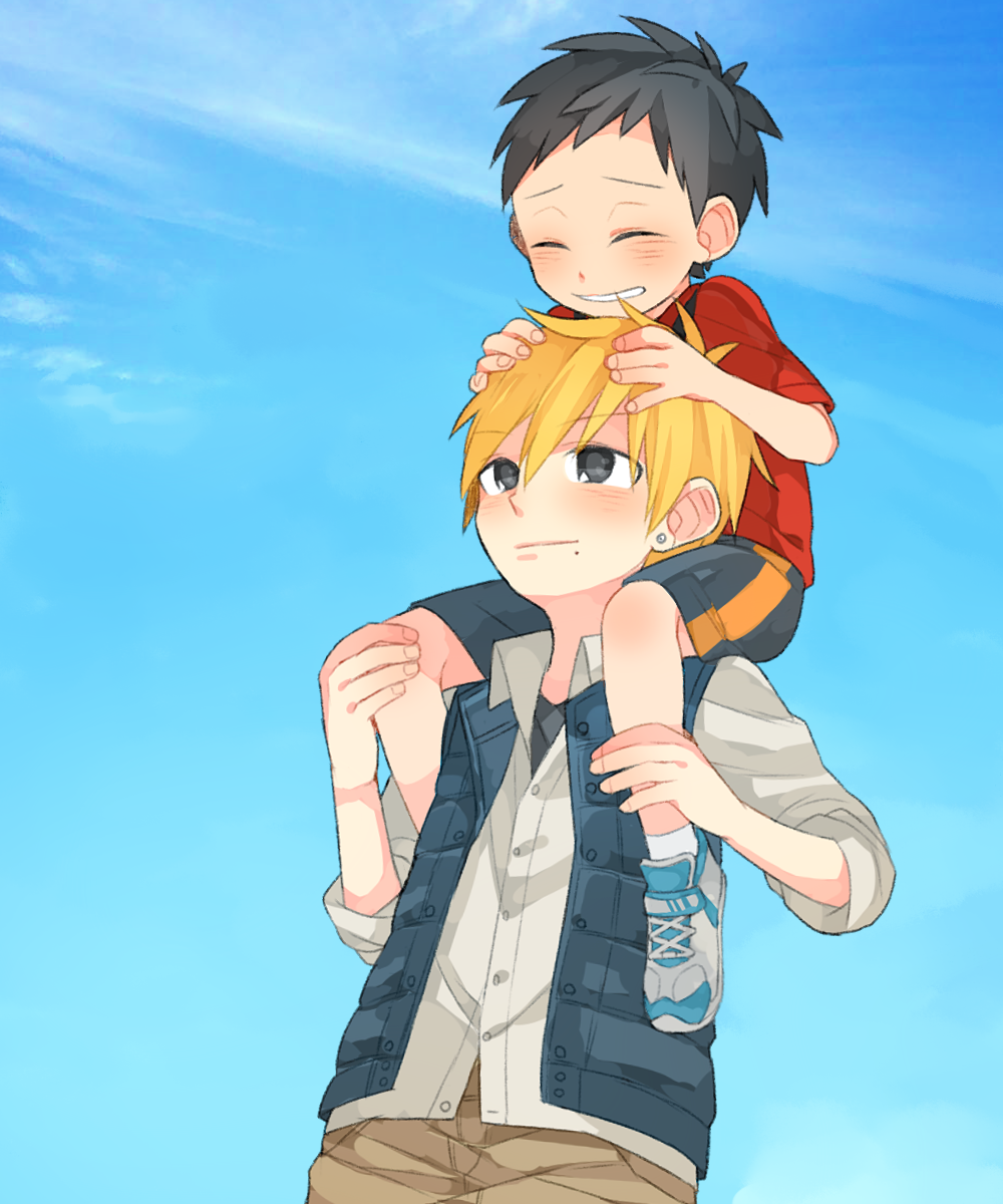 age_difference bad_id bad_pixiv_id black_eyes black_hair blonde_hair carrying closed_eyes grin highres male_focus multiple_boys original shirt shoes shorts shoulder_carry smile sneakers touyama_(t3yama2) vest