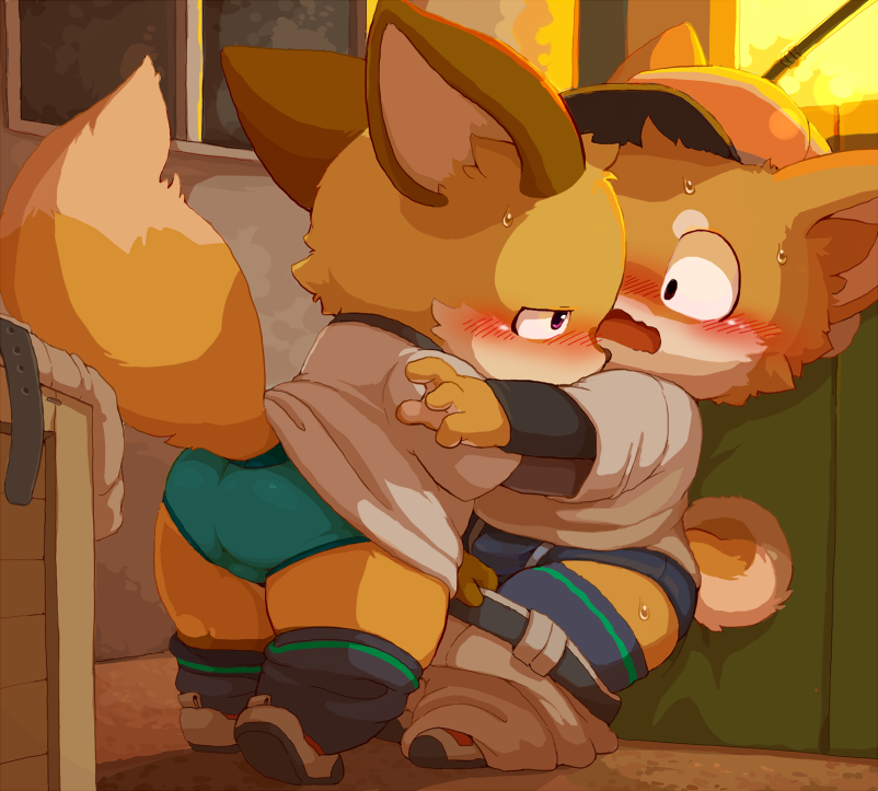 anthro blush canine clothed clothing cub dog duo fox hug imminent_sex male male/male mammal moketiw open_mouth pants_down partially_clothed underwear young