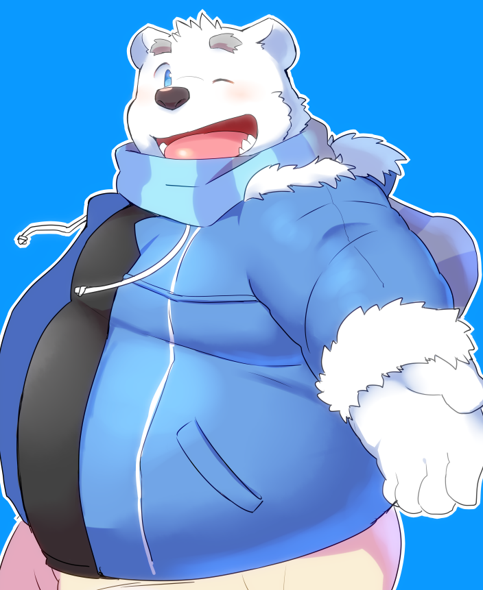 12beat13 2015 anthro bear blue_background clothed clothing fur male mammal one_eye_closed overweight overweight_male polar_bear scarf simple_background utau white_fur wink 白音カン