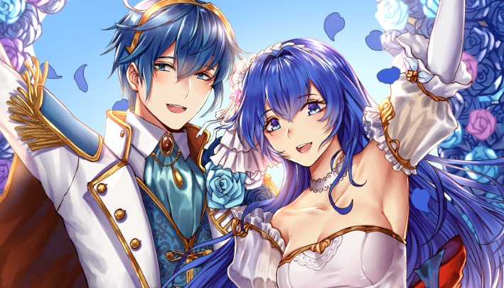 1girl bare_shoulders blue_eyes blue_hair blush bouquet breasts bridal_veil bride cape cleavage couple dress elbow_gloves fire_emblem fire_emblem:_monshou_no_nazo flower formal gloves hair_flower hair_ornament hetero husband_and_wife jewelry large_breasts long_hair looking_at_viewer marth necklace pegasus_knight sheeda smile strapless strapless_dress suit tiara tuxedo veil wani_(fadgrith) wedding wedding_dress white_dress