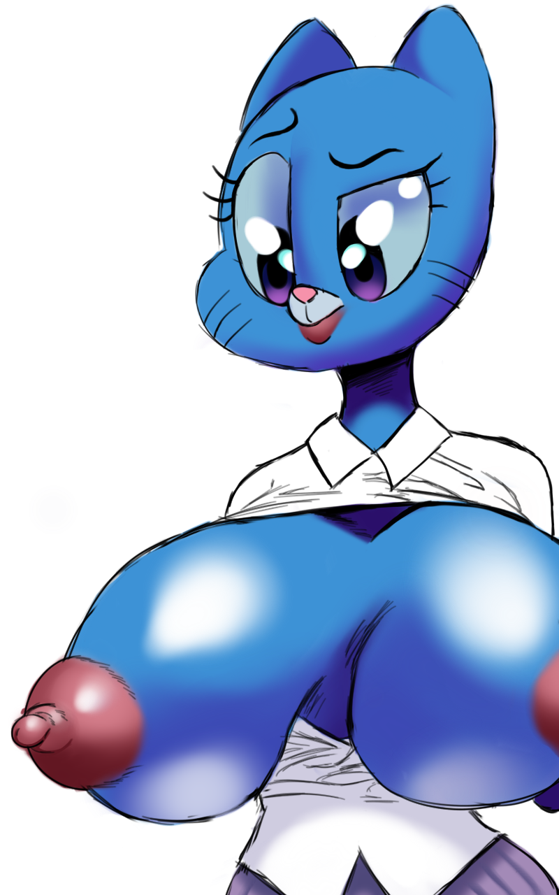 2018 absurd_res anthro big_breasts blue_fur breasts cartoon_network cat clothed clothing digital_media_(artwork) exposed_breasts feline female fur hi_res isolatedartest_(artist) lipstick makeup mammal mature_female nicole_watterson nipples open_shirt puffy_nipples purple_eyes raised_eyebrow simple_background solo the_amazing_world_of_gumball whiskers white_background