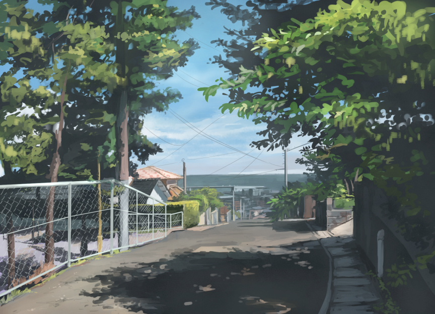 cloud commentary_request day fence kamemaru no_humans original outdoors power_lines road scenery sky street summer telephone_pole town tree