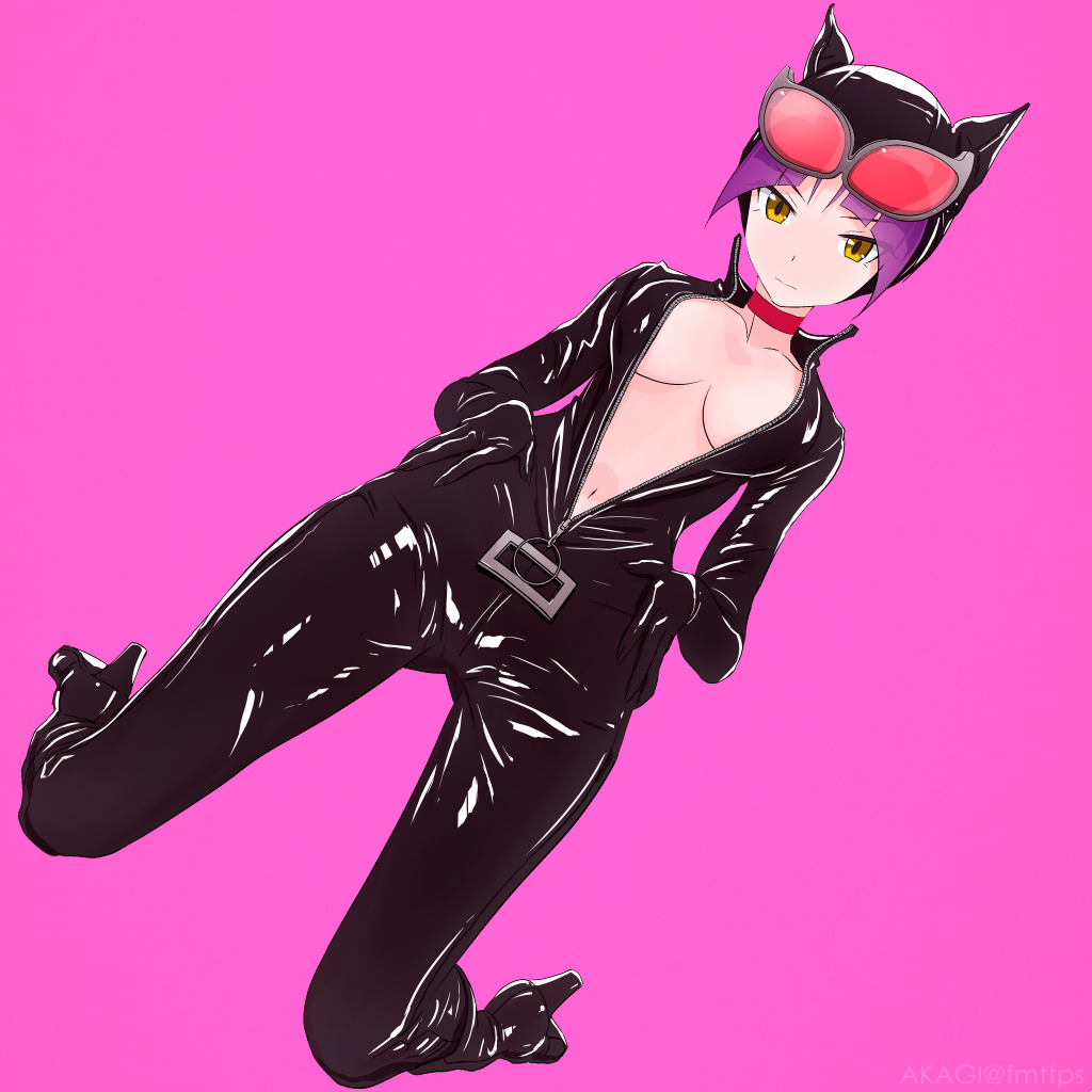 akagi_(fmttps) animal_ears bangs batman_(series) bodysuit breasts cat_ears catsuit catwoman catwoman_(cosplay) choker cleavage collarbone cosplay dc_comics eyebrows_visible_through_hair gegege_no_kitarou goggles goggles_on_head high_heels kneeling looking_at_viewer medium_breasts navel nekomusume nekomusume_(gegege_no_kitarou_6) no_bra purple_hair red_choker short_hair simple_background solo unzipped yellow_eyes zipper