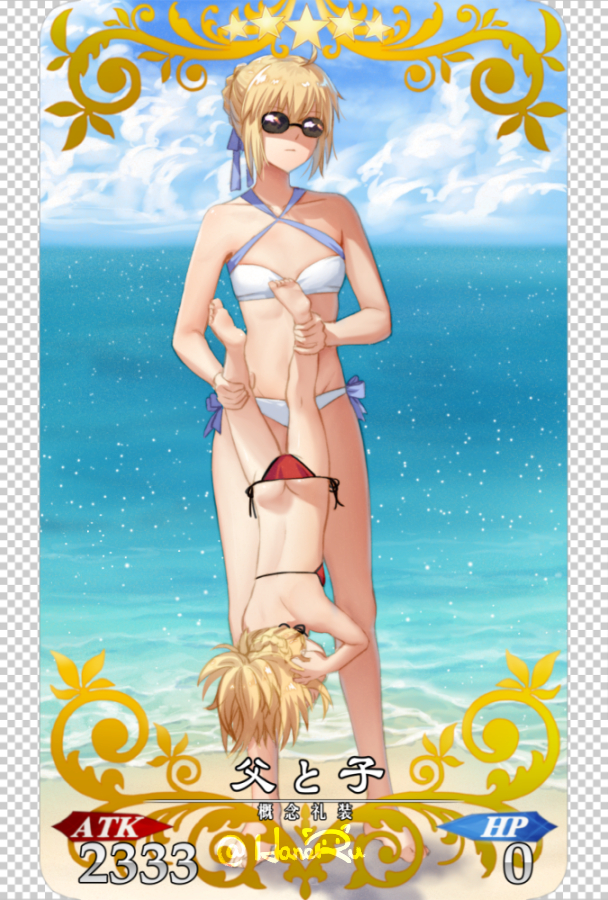 ahoge artoria_pendragon_(all) artoria_pendragon_(swimsuit_archer) barefoot beach bikini blonde_hair breasts card_(medium) card_parody child chinese_commentary closed_mouth cloud cloudy_sky commentary_request day fate/grand_order fate_(series) full_body hair_ribbon hands_on_own_head haneru holding_legs lifting lifting_person midriff mordred_(fate)_(all) mordred_(swimsuit_rider)_(fate) mother_and_daughter multiple_girls ocean parody red_bikini ribbon sand sky small_breasts standing star sunglasses swimsuit twitter_username upside-down white_bikini younger