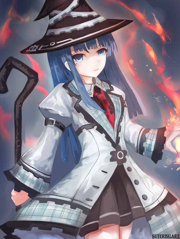 blue_eyes blue_hair commentary_request eyebrows_visible_through_hair hat holding holding_staff long_hair looking_at_viewer mages. mole mole_under_eye necktie neptune_(series) solo staff suterisu witch_hat