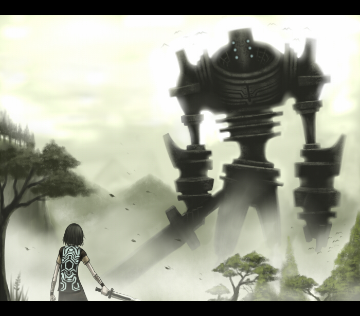 black_hair commentary_request day facing_away from_behind gia giant holding holding_sword holding_weapon letterboxed male_focus outdoors shadow_of_the_colossus shirt solo standing sword tree wander weapon