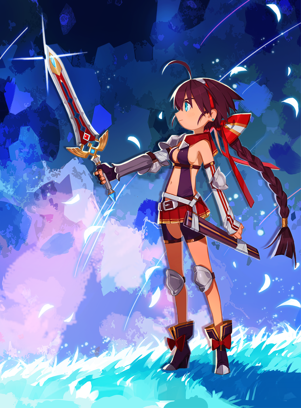 bad_id bad_pixiv_id bangs belt belt_buckle boots bow braid breasts brown_belt brown_hair buckle closed_mouth detached_sleeves earrings eyebrows_visible_through_hair glint hair_between_eyes highres holding holding_sword holding_weapon jewelry knee_pads long_hair long_sleeves looking_away low_ponytail medium_breasts navel original pleated_skirt ponytail purple_footwear red_bow red_skirt sheath skirt sleeves_past_wrists solo stud_earrings sword unsheathed very_long_hair weapon yai_(hachihito)