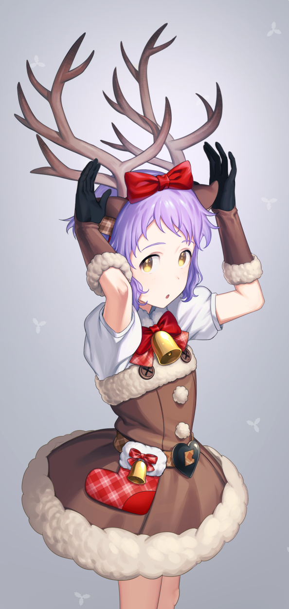 animal_ears bell bow bowtie fake_animal_ears gloves hair_bow highres horns idolmaster idolmaster_million_live! looking_at_viewer makabe_mizuki mimizubare puffy_short_sleeves puffy_sleeves purple_hair short_hair short_sleeves simple_background skirt solo yellow_eyes