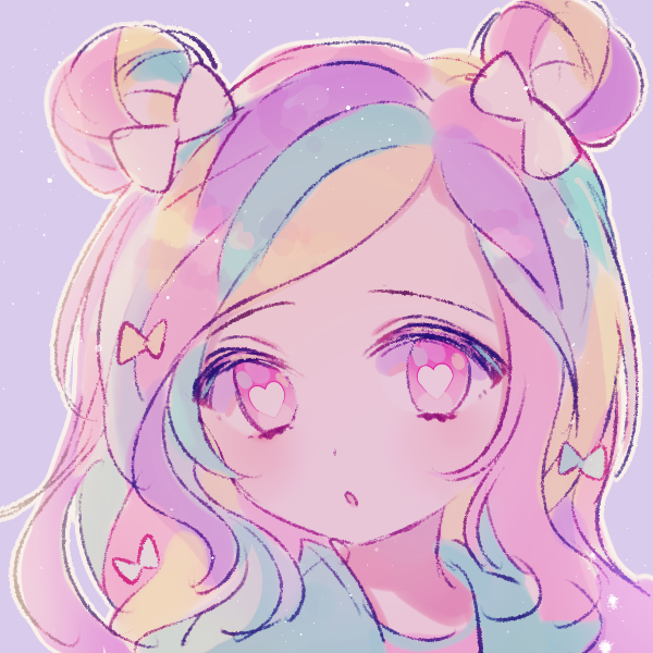 blonde_hair blue_bow blue_hair bow double_bun hair_bow heart heart-shaped_pupils looking_at_viewer multicolored_hair original parted_lips pink_eyes portrait poyo_(shwjdddms249) purple_background purple_hair side_bun simple_background solo symbol-shaped_pupils white_bow yellow_bow