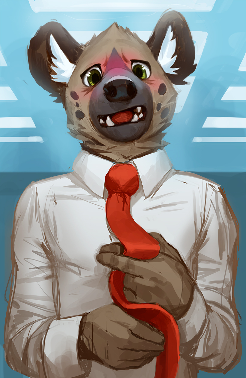 aggressive_retsuko anthro black_nose blush brown_fur clothed clothing fur green_eyes haida hyena inner_ear_fluff inside male mammal necktie open_mouth sanrio shirt solo tacklebox white_fur