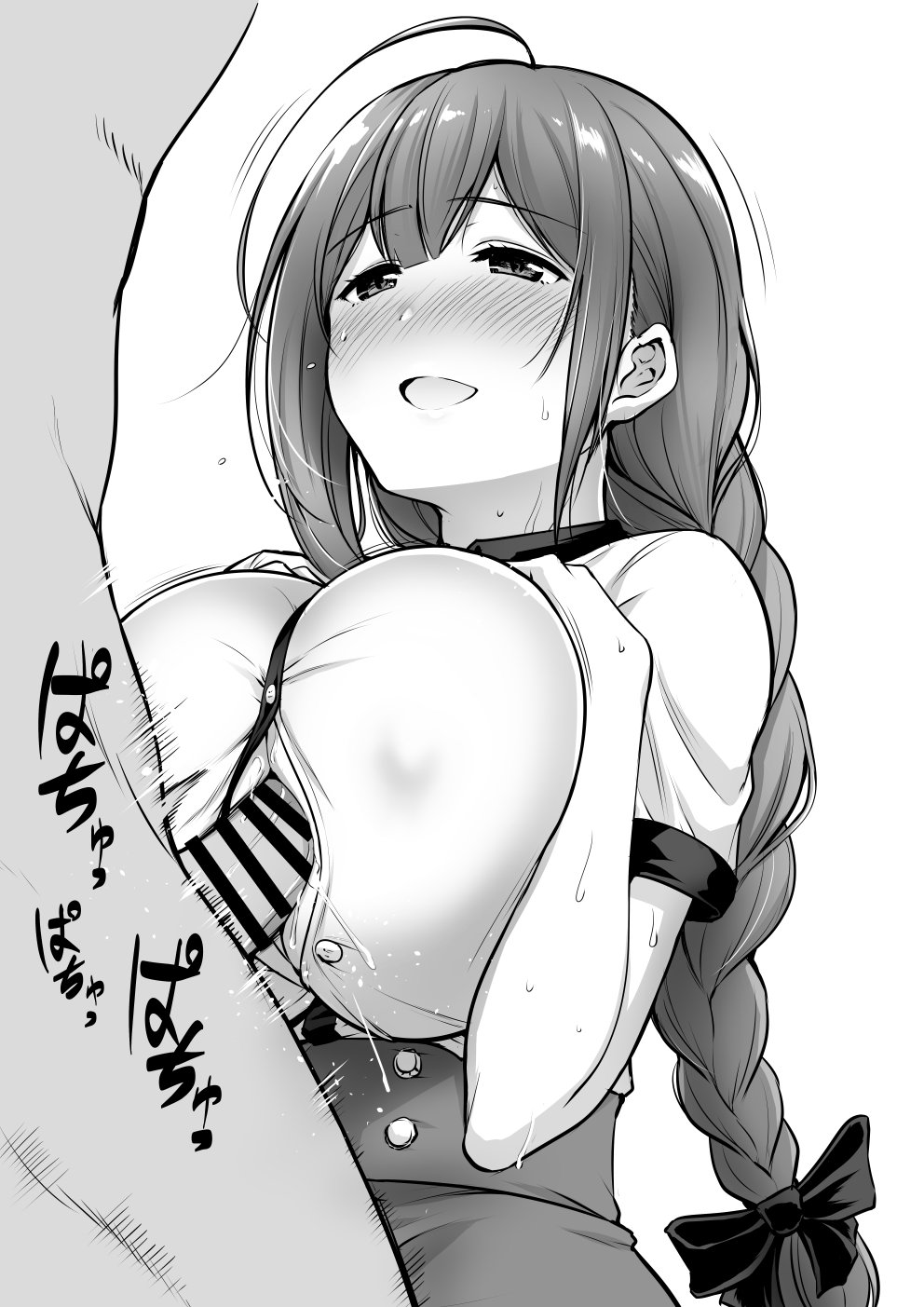 1girl ahoge bar_censor blush bow braid breast_squeeze breasts censored commentary_request covered_nipples eyebrows_visible_through_hair greyscale hair_ribbon hetero highres idolmaster idolmaster_shiny_colors kanno_takanori kuwayama_chiyuki large_breasts long_braid long_hair looking_up monochrome open_mouth paizuri paizuri_under_clothes penis ribbon shirt short_twintails smile solo_focus sweat twintails unbuttoned unbuttoned_shirt white_background