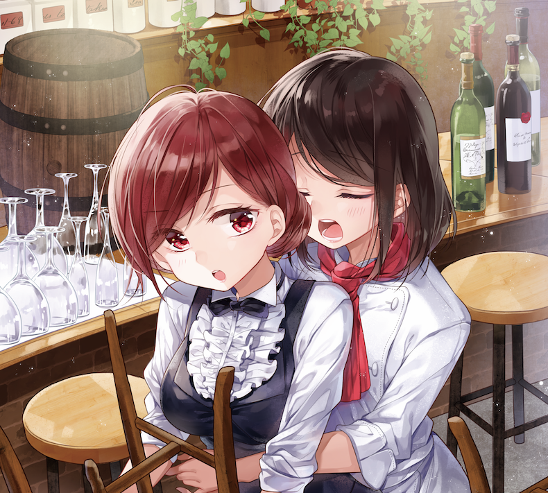 bar bar_stool barrel black_hair black_neckwear bottle bow bowtie center_frills chef_uniform closed_eyes collared_shirt commentary_request counter cup double-breasted drinking_glass hair_bun hug hug_from_behind multiple_girls neckerchief open_mouth original plant red_eyes red_hair red_neckwear shirt short_hair sleeves_folded_up stool vines white_shirt wine_bottle wine_glass yukiko_(tesseract) yuri