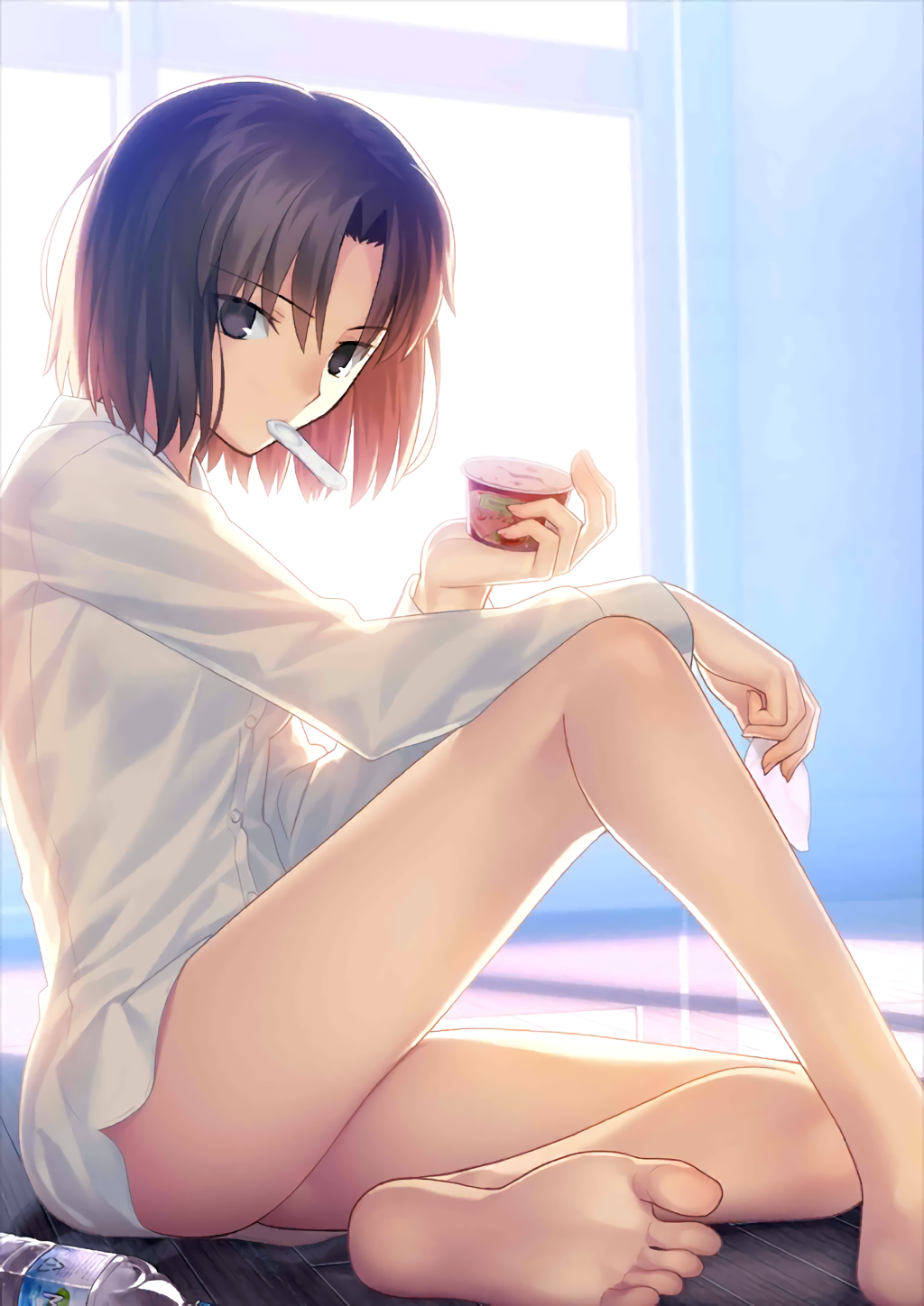 backlighting bare_legs barefoot black_eyes black_hair bottle bottomless dress_shirt feet food haagen-dazs highres ice_cream ice_cream_spoon indoors kara_no_kyoukai knee_up looking_at_viewer mouth_hold naked_shirt official_art ryougi_shiki shirt short_hair sitting soles solo spoon spoon_in_mouth takeuchi_takashi toes window