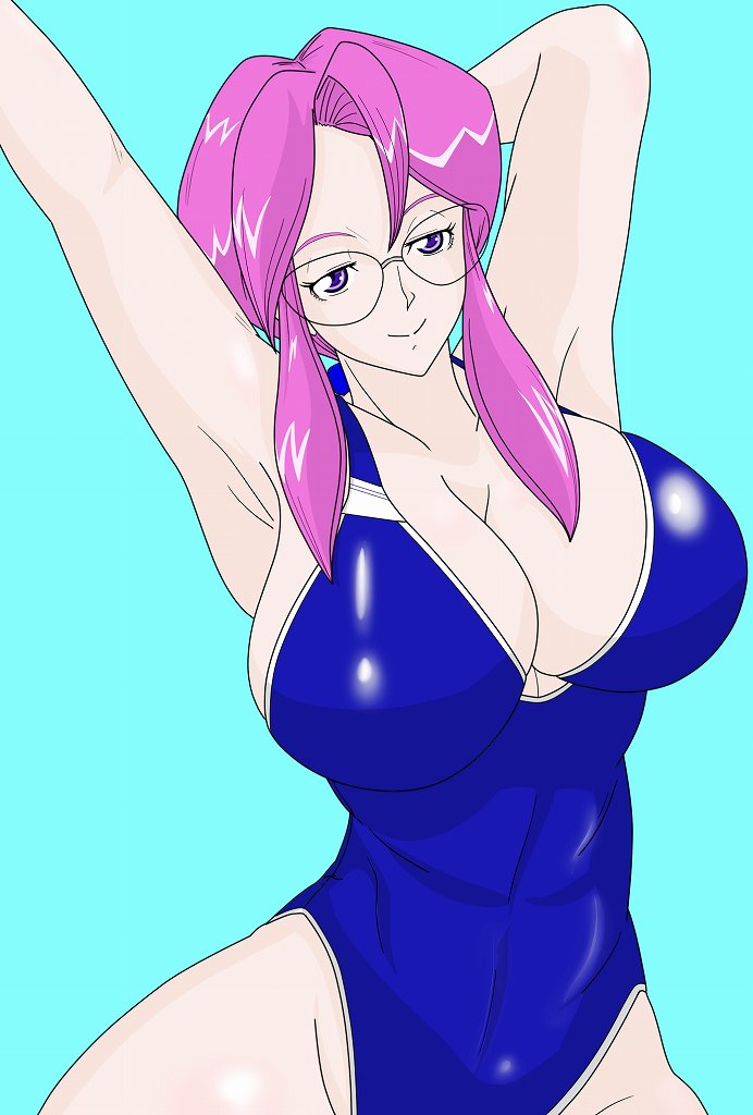 1girl alternate_costume arm_behind_head arm_up armpits blue_eyes blue_swimsuit breasts cleavage glasses hand_behind_head highleg highleg_swimsuit huge_breasts kanna_(pokemon) large_breasts one_piece_swimsuit pokemon pokemon_frlg pokemon_rby sideboob sidelocks skin_tight smile solo swimsuit wide_hips