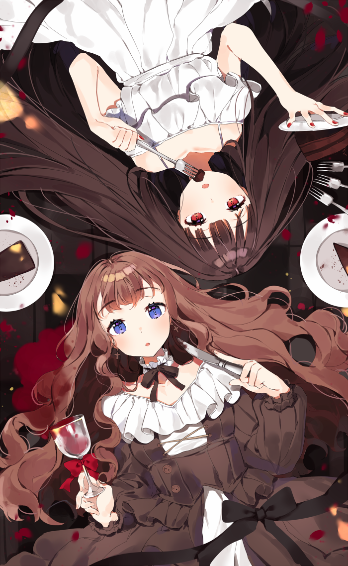 bad_id bad_pixiv_id bare_shoulders black_bow bow brown_dress brown_hair cross cross_earrings cup detached_collar detached_sleeves dress drinking_glass earrings eating fork holding holding_cup holding_fork holding_knife holding_plate jewelry knife long_hair looking_at_viewer looking_up lying multiple_girls on_back on_floor ongyageum open_mouth original plate red_bow red_eyes spill white_dress wine_glass