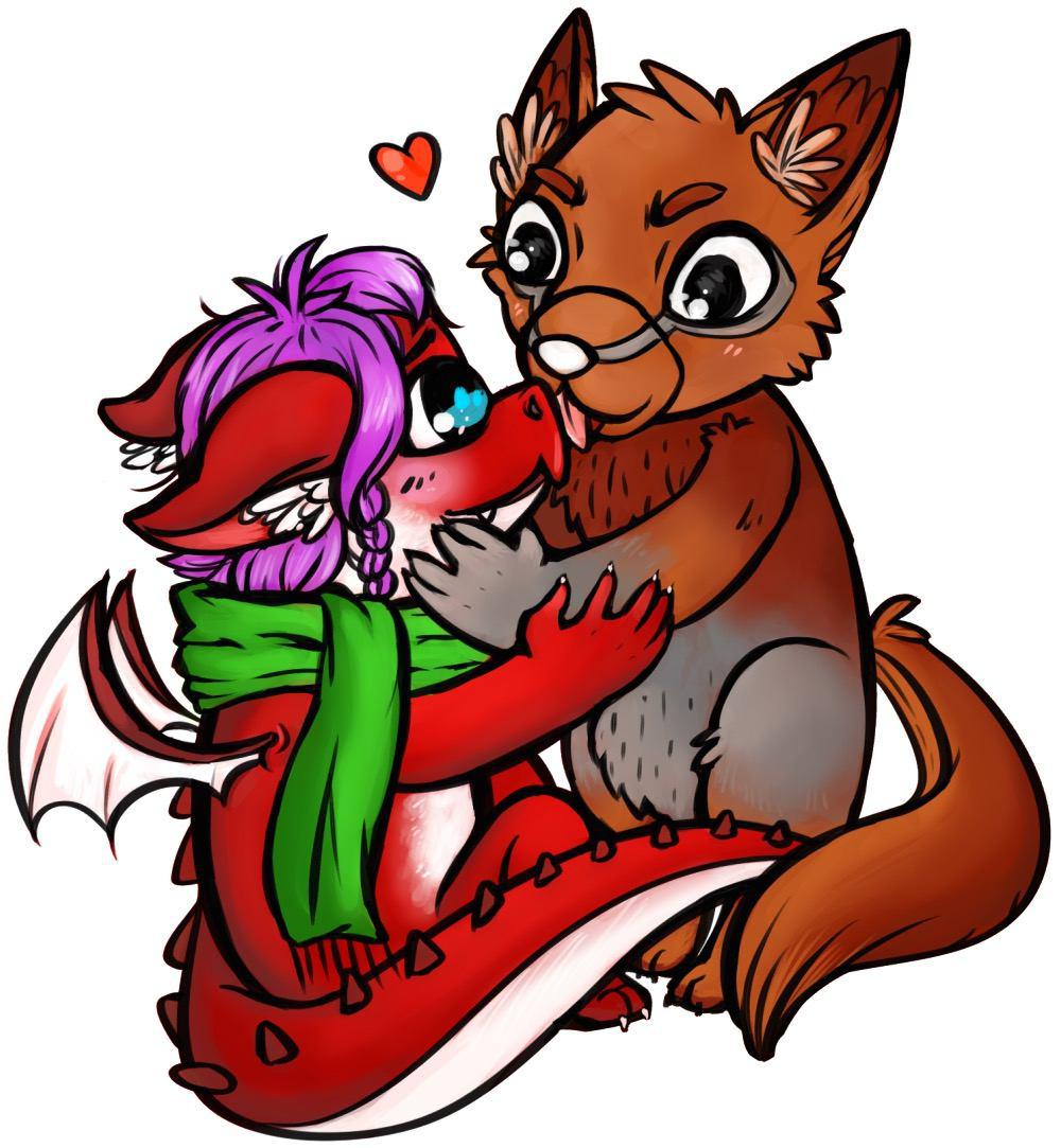 &lt;3 azaly canine cute dragon fox kissing licking mammal marcus_mordecai scalie scarf small_(disambiguation) tongue tongue_out unknown_artist