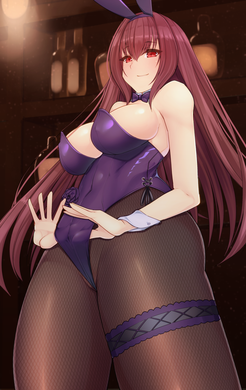 animal_ears bare_shoulders black_legwear blush bottle bow bowtie breasts bunny_ears bunny_girl bunnysuit cleavage clothes_pull covered_navel detached_collar dura fake_animal_ears fate/grand_order fate_(series) fishnet_pantyhose fishnets highres large_breasts leotard long_hair pantyhose purple_hair red_eyes scathach_(fate)_(all) scathach_(fate/grand_order) shelf smile solo strapless strapless_leotard very_long_hair wrist_cuffs