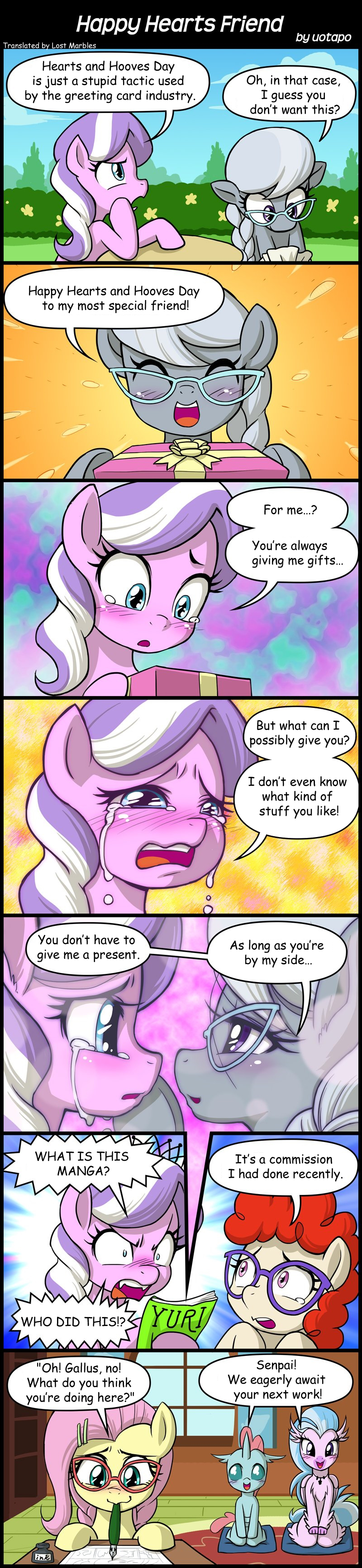 2018 avian comic dialogue diamond_tiara_(mlp) english_text equine eyewear female female/female fluttershy_(mlp) friendship_is_magic gift glasses hippogryph horse mammal my_little_pony ocellus_(mlp) pegasus pony silver_spoon_(mlp) silverstream_(mlp) text twist_(mlp) uotapo wings