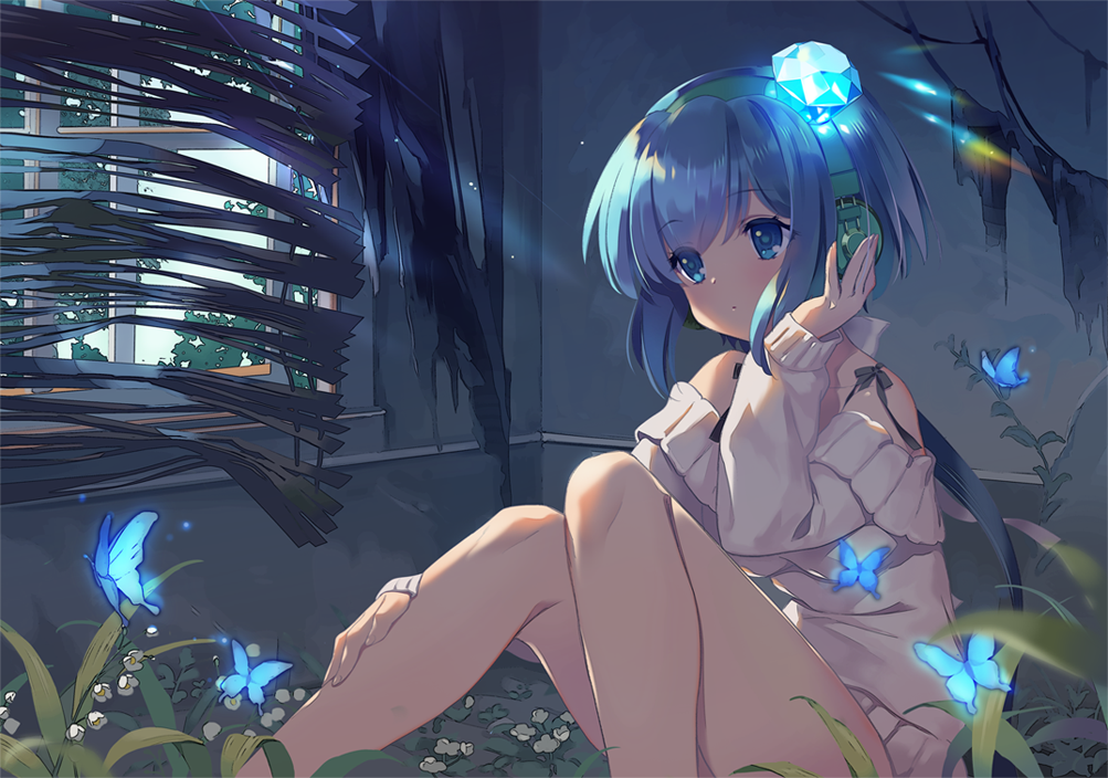 aoki_lapis bangs bare_shoulders blinds blue_eyes blue_hair blush bug butterfly closed_mouth commentary_request day eyebrows_visible_through_hair fingernails gem hand_on_headphones hand_up headphones indoors insect long_hair long_sleeves off-shoulder_sweater oswald_musashi ruins sidelocks sitting sleeves_past_wrists solo sweater vocaloid white_sweater window