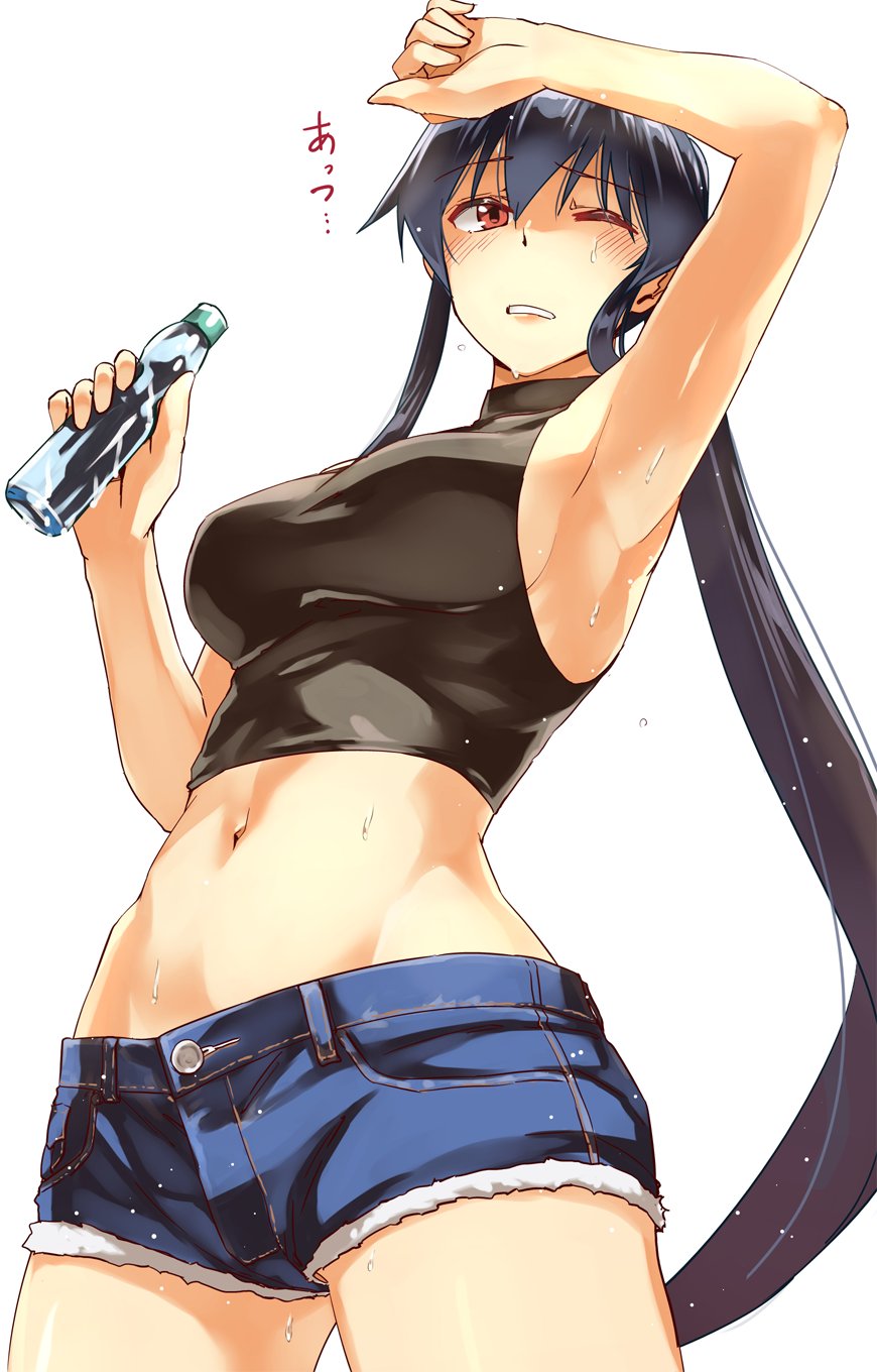 abo_(hechouchou) arm_up armpits black_hair black_tank_top blush bottle breasts clenched_teeth cowboy_shot denim denim_shorts from_below hair_between_eyes highres holding holding_bottle kantai_collection lips long_hair medium_breasts navel one_eye_closed ponytail protected_link ramune short_shorts shorts sideboob sidelocks simple_background solo standing sweat tank_top teeth very_long_hair white_background wiping_forehead yahagi_(kantai_collection)