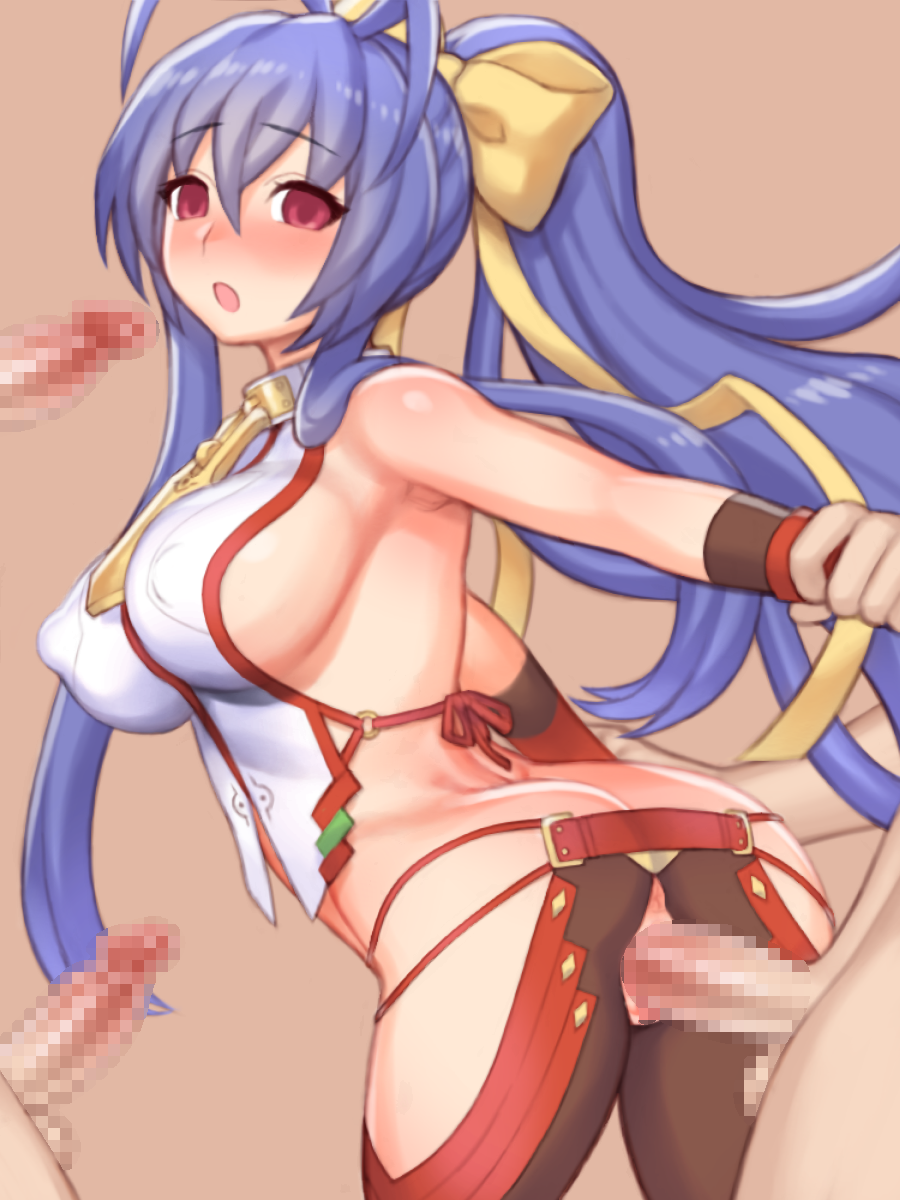 1girl antenna_hair ass blank_stare blazblue:_central_fiction blazblue_variable_heart blue_hair blush breasts censored cowboy_shot doggystyle elbow_gloves eyebrows_visible_through_hair genderswap genderswap_(mtf) gloves hair_bow halter_top halterneck hip_vent large_breasts long_hair mai_natsume multiple_penises no_bra open_mouth pants penis pink_eyes ponytail pussy rape sex sideboob solo_focus vaginal very_long_hair