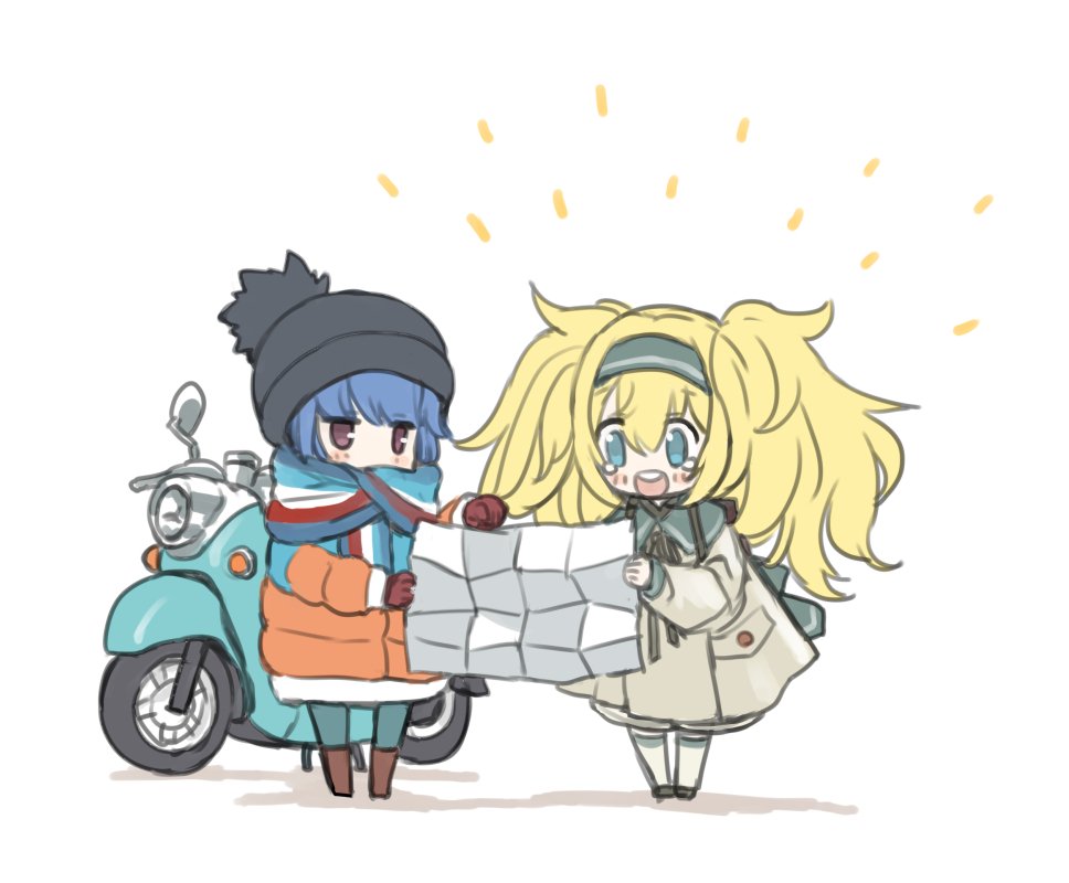 blue_eyes blue_hair casual chibi commentary crossover gambier_bay_(kantai_collection) gloves ground_vehicle jitome kantai_collection long_hair makishima_azusa map messy_hair motor_vehicle motorcycle multiple_girls open_mouth red_eyes scarf shima_rin simple_background tears twintails white_background yurucamp
