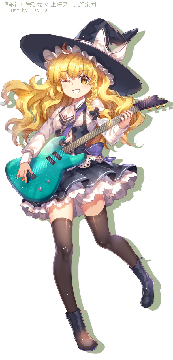 ;d bangs black_hat black_legwear blonde_hair blunt_bangs boots bow capura_lin eyebrows_visible_through_hair floating_hair full_body grin hair_between_eyes hat hat_bow highres holding holding_instrument instrument kirisame_marisa layered_skirt long_hair music one_eye_closed open_mouth playing_instrument shirt simple_background smile solo standing thighhighs touhou very_long_hair white_background white_bow white_shirt witch_hat yellow_eyes