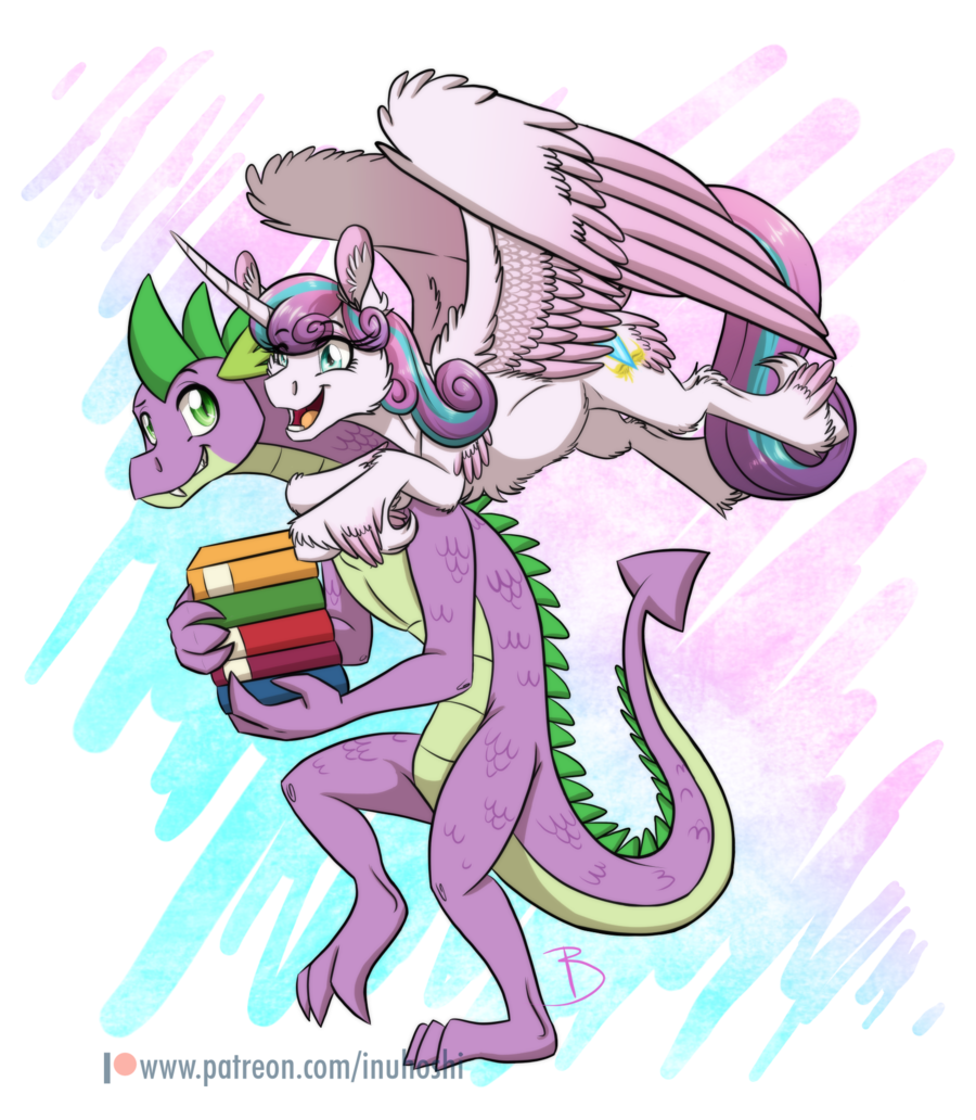 2018 blue_eyes book dragon duo equine fangs female flurry_heart_(mlp) friendship_is_magic green_eyes horn hug male mammal my_little_pony spike_(mlp) uotapo winged_unicorn wings