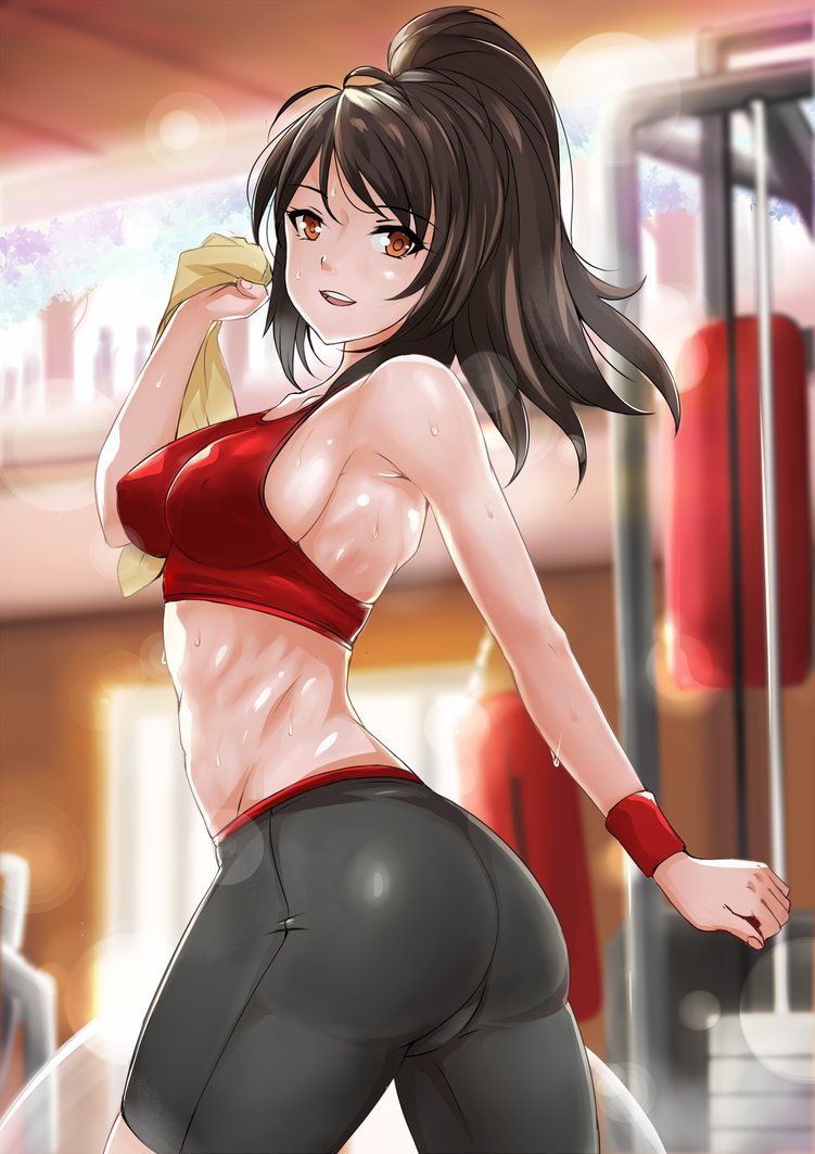 abs ass bike_shorts black_bra bra breasts brown_eyes commentary_request commission gym lens_flare long_hair medium_breasts midriff nonoririn open_mouth original ponytail sideboob smile solo sports_bra sportswear sweat sweatband toned towel underwear