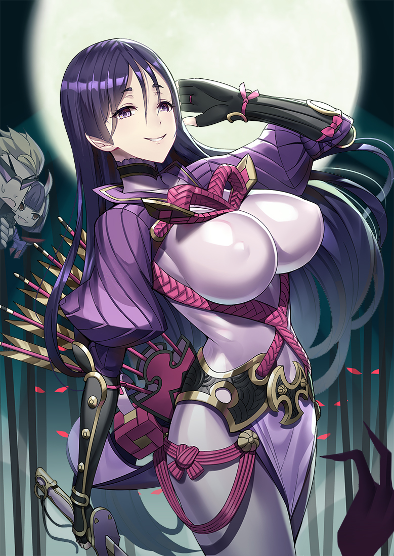 2girls armor black_gloves black_hair blonde_hair bodysuit breasts brown_eyes covered_nipples cowboy_shot fate/grand_order fate_(series) full_moon gloves holding holding_sword holding_weapon impossible_bodysuit impossible_clothes japanese_armor kote large_breasts long_hair minamoto_no_raikou_(fate/grand_order) moon multiple_girls oni_horns purple_bodysuit purple_eyes purple_hair ribbed_sleeves ririko_(zhuoyandesailaer) sakata_kintoki_(fate/grand_order) sakata_kintoki_rider_(fate/grand_order) short_hair shuten_douji_(fate/grand_order) skin_tight smile solo_focus standing sunglasses sword weapon
