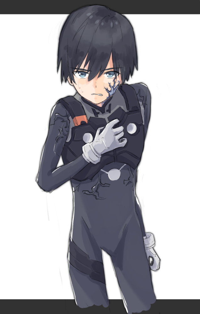 bad_id bad_pixiv_id black_bodysuit black_hair blue_eyes bodysuit commentary_request darling_in_the_franxx eyebrows facial_scar gloves hand_on_own_chest hiro_(darling_in_the_franxx) looking_at_viewer male_focus pilot_suit rafu223 scar solo veins white_bodysuit