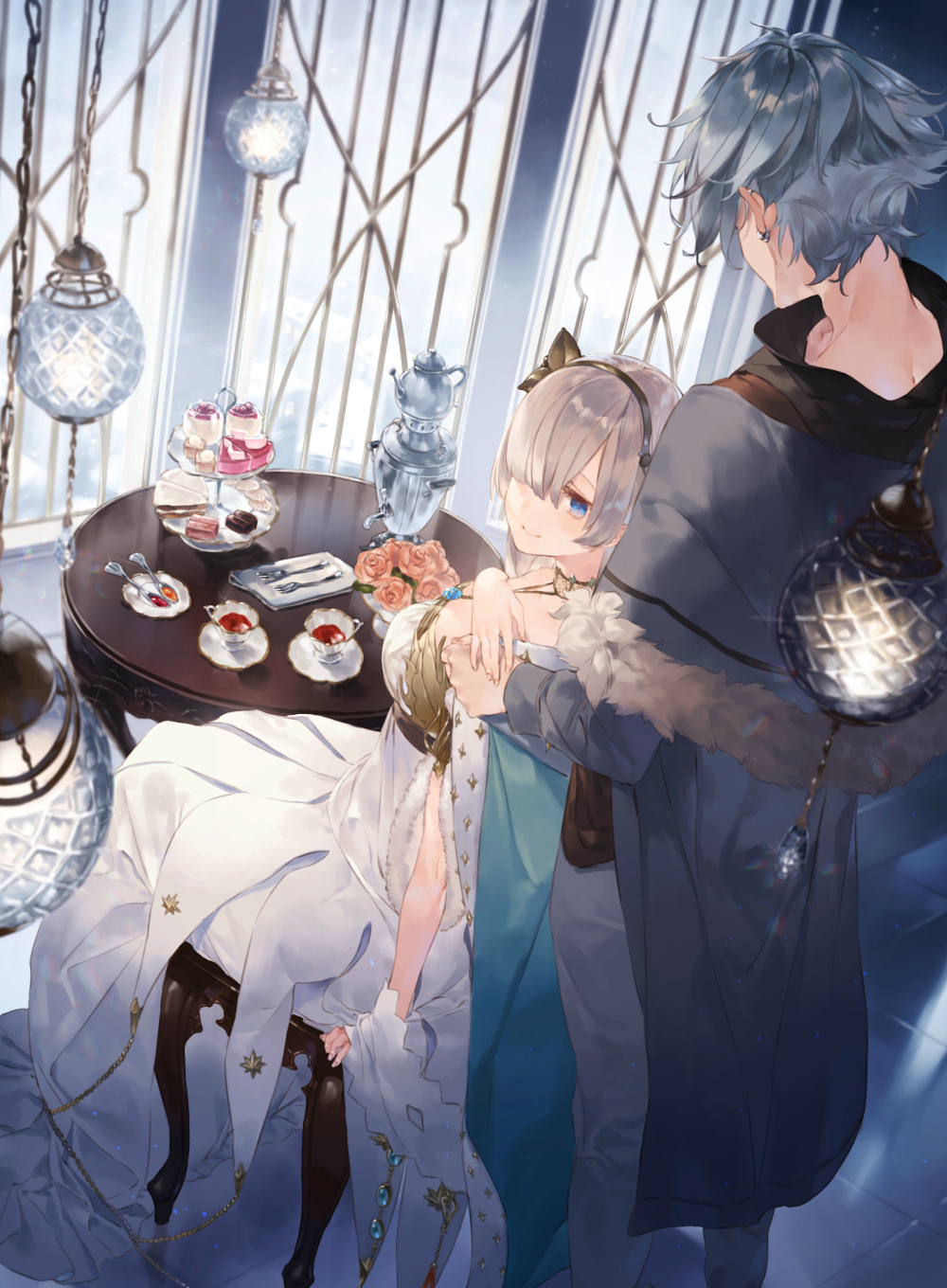 1girl anastasia_(fate/grand_order) bangs black_hairband blue_eyes blue_hair cake cape chair cup dress earrings fate/grand_order fate_(series) food fur_trim gem gold gold_trim hair_over_one_eye hairband hand_on_another's_hand highres hotosoka_(user_nxja5583) indoors jewelry kadoc_zemlupus long_hair necklace saucer silver_hair smile table teacup teapot very_long_hair white_dress window