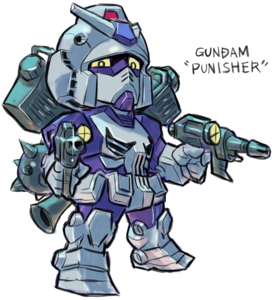 beam_rifle character_name chibi dual_wielding energy_gun flail full_body fusion gundam holding looking_at_viewer mechanization mobile_suit_gundam morning_star punisher rx-78-2 simple_background solo standing the_punisher weapon weapon_on_back white_background yellow_eyes