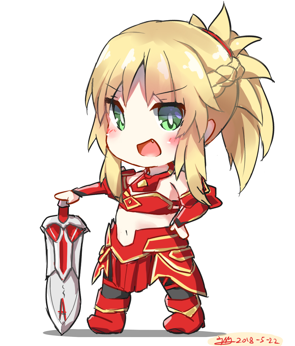 :d armor bad_id bad_pixiv_id bangs bare_shoulders black_legwear blonde_hair blush boots braid breastplate chibi dated dreamusun eyebrows_visible_through_hair fang fate/apocrypha fate_(series) green_eyes hand_on_hilt hand_on_hip long_hair mordred_(fate) mordred_(fate)_(all) navel open_mouth ponytail red_armor red_footwear sidelocks signature smile solo standing sword thighhighs weapon white_background