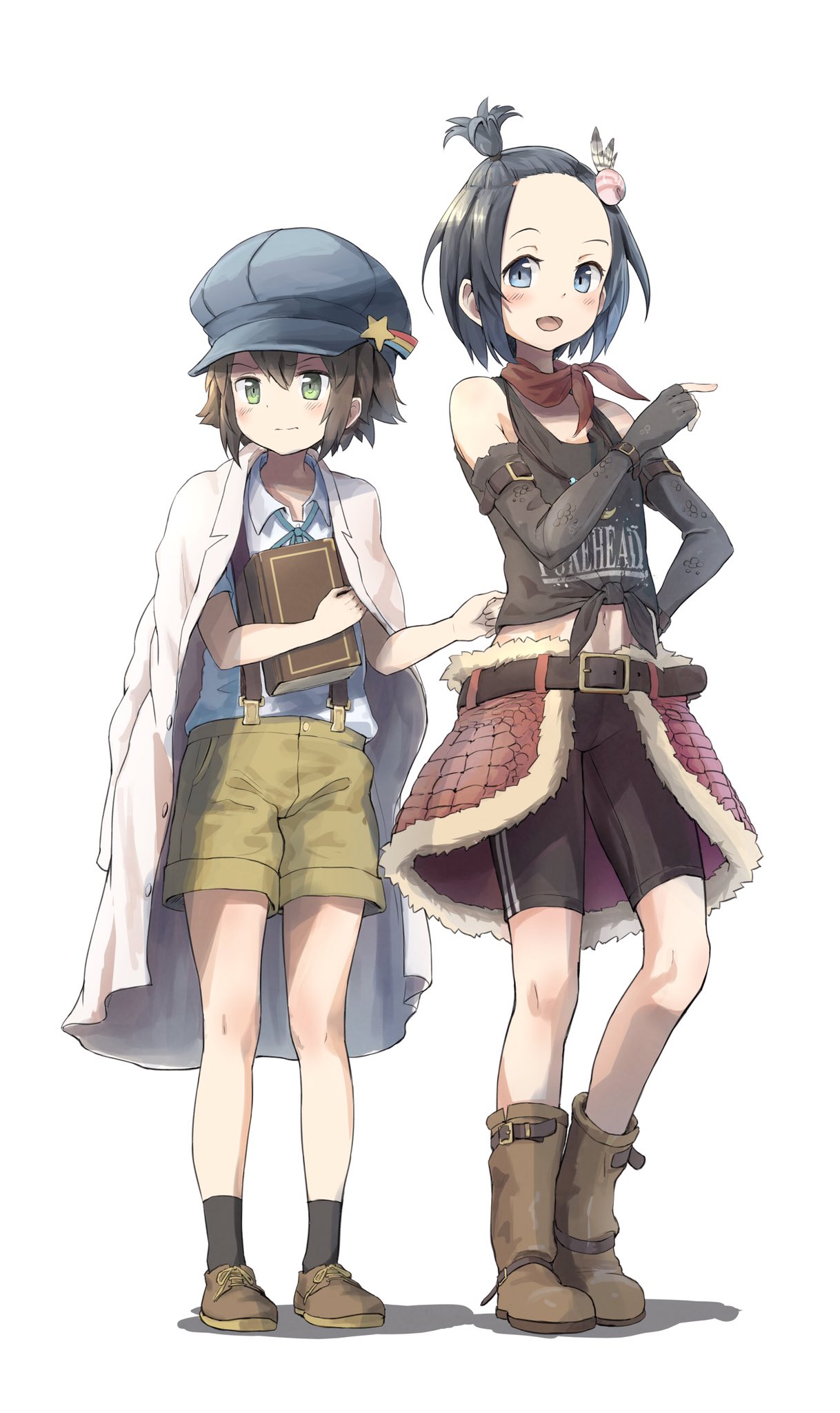 :d ane_(kamemaru) bare_shoulders belt bike_shorts black_hair black_legwear blue_eyes blue_hat blush book boots brown_footwear brown_hair closed_mouth clothes_tug clothes_writing collared_shirt commentary_request elbow_gloves fingerless_gloves gloves green_eyes hair_ornament hand_on_hip hat highres holding holding_book imouto_(kamemaru) jacket_on_shoulders kamemaru looking_at_viewer multiple_girls open_clothes open_mouth open_skirt original pointing red_skirt shirt shoes short_hair shorts skirt sleeveless sleeveless_shirt smile socks standing suspender_shorts suspenders topknot white_background white_shirt wing_collar