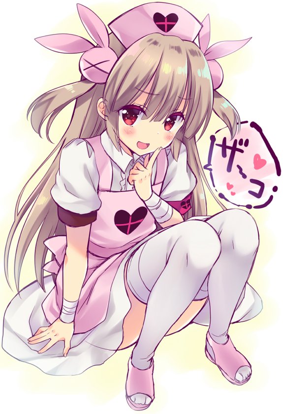 apron bandaged_arm bandages blush brown_hair finger_to_mouth hat heart long_hair looking_at_viewer natori_sana nurse nurse_cap open_mouth open_toe_shoes pink_apron pink_footwear red_eyes sana_channel sasorigatame sitting smile solo speech_bubble thighhighs two_side_up white_legwear