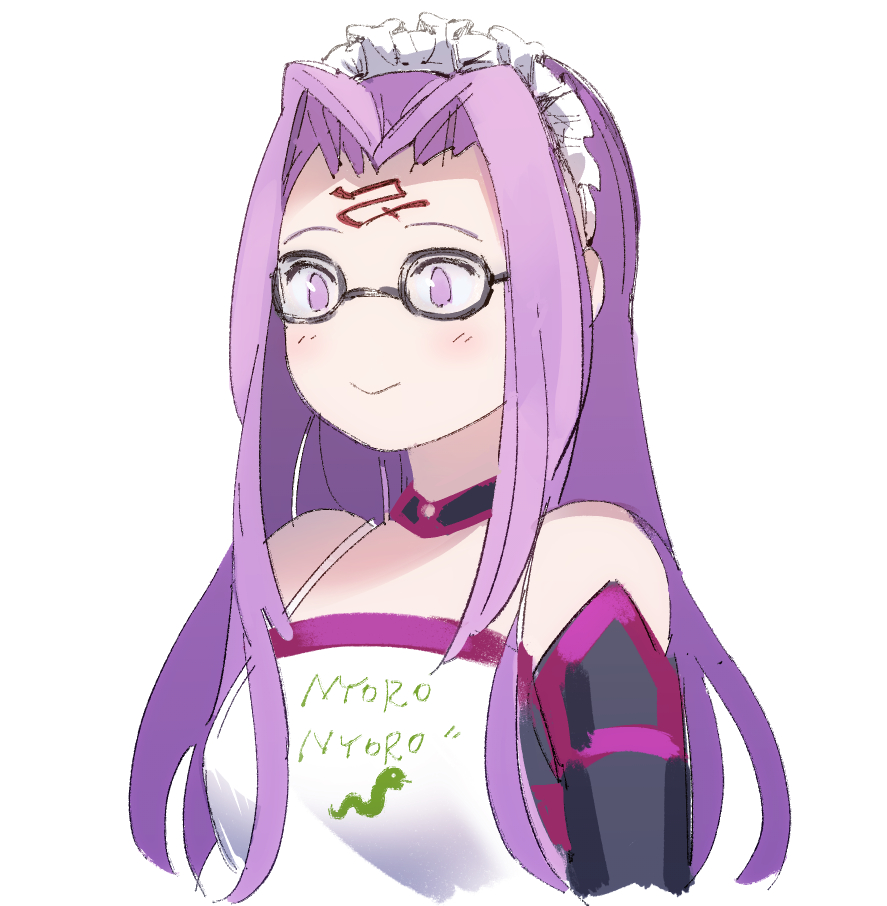 :&gt; apron bangs black-framed_eyewear blush closed_mouth clothes_writing detached_collar elbow_gloves facial_mark fate/grand_order fate/hollow_ataraxia fate_(series) forehead_mark glasses gloves gorgon headdress idk-kun long_hair no_nose parted_bangs purple_eyes purple_hair rider simple_background smile solo upper_body white_apron white_background
