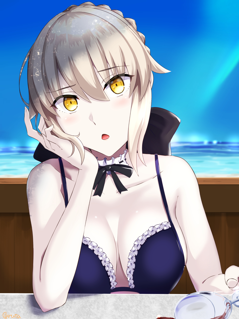 arm_support artoria_pendragon_(all) artoria_pendragon_(swimsuit_rider_alter) bangs bare_shoulders bikini black_bow blue_bikini blue_sky blush bow braid breasts caruta cleavage collarbone commentary_request cup day drinking_glass eyebrows_visible_through_hair fate/grand_order fate_(series) fingernails frilled_bikini frills hair_between_eyes head_tilt highres horizon light_brown_hair looking_at_viewer medium_breasts ocean outdoors parted_lips sidelocks sky solo spill swimsuit water wine_glass yellow_eyes