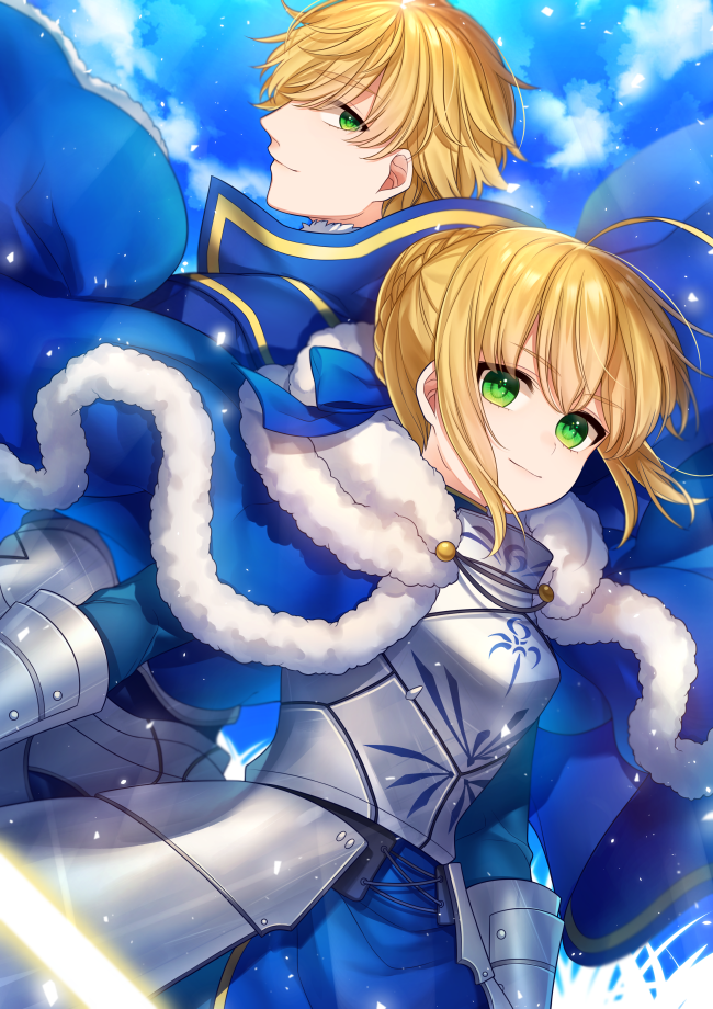 1girl ahoge armor armored_dress arthur_pendragon_(fate) artoria_pendragon_(all) bangs blonde_hair blue_bow blue_cloak blue_dress blue_sky blush bow braid breastplate breasts closed_mouth cloud cloudy_sky commentary_request day dress eyebrows_visible_through_hair fate/stay_night fate_(series) fur-trimmed_cloak fur_trim gauntlets green_eyes hair_between_eyes hair_bow hair_bun karokuchitose long_sleeves medium_breasts outdoors saber sidelocks sky smile